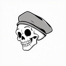 A playful black and white sketch of a cartoon skull wearing a fully black army beret