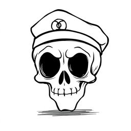 A playful black and white sketch of a cartoon skull wearing a fully black army beret