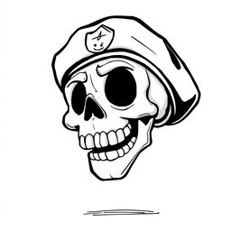 A playful black and white sketch of a cartoon skull wearing a fully black army beret