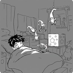 A whimsical black and white drawing of a dimly lit child's room