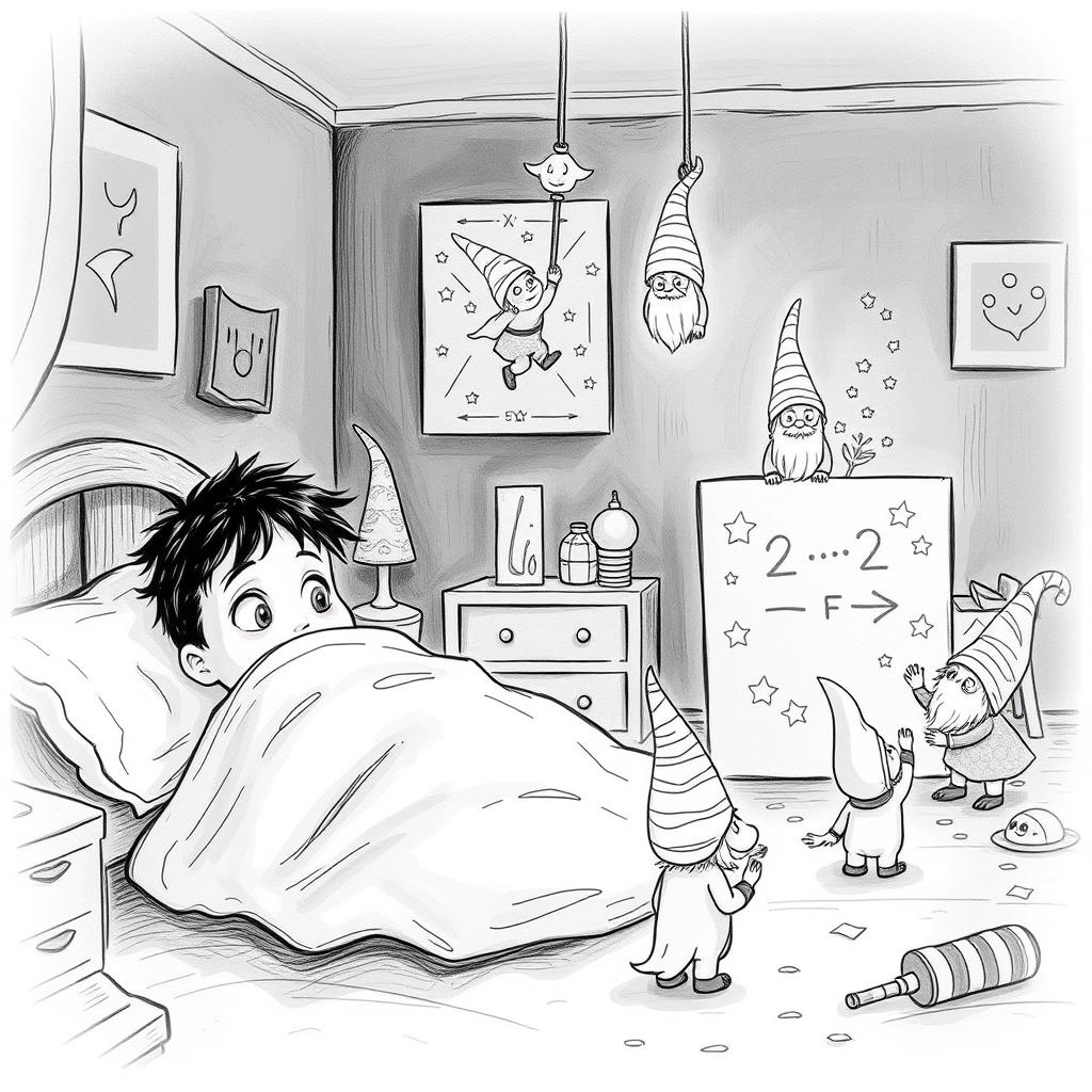 A whimsical black and white drawing of a dimly lit child's room