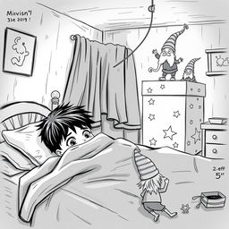 A whimsical black and white drawing of a dimly lit child's room