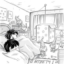 A whimsical black and white drawing of a dimly lit child's room