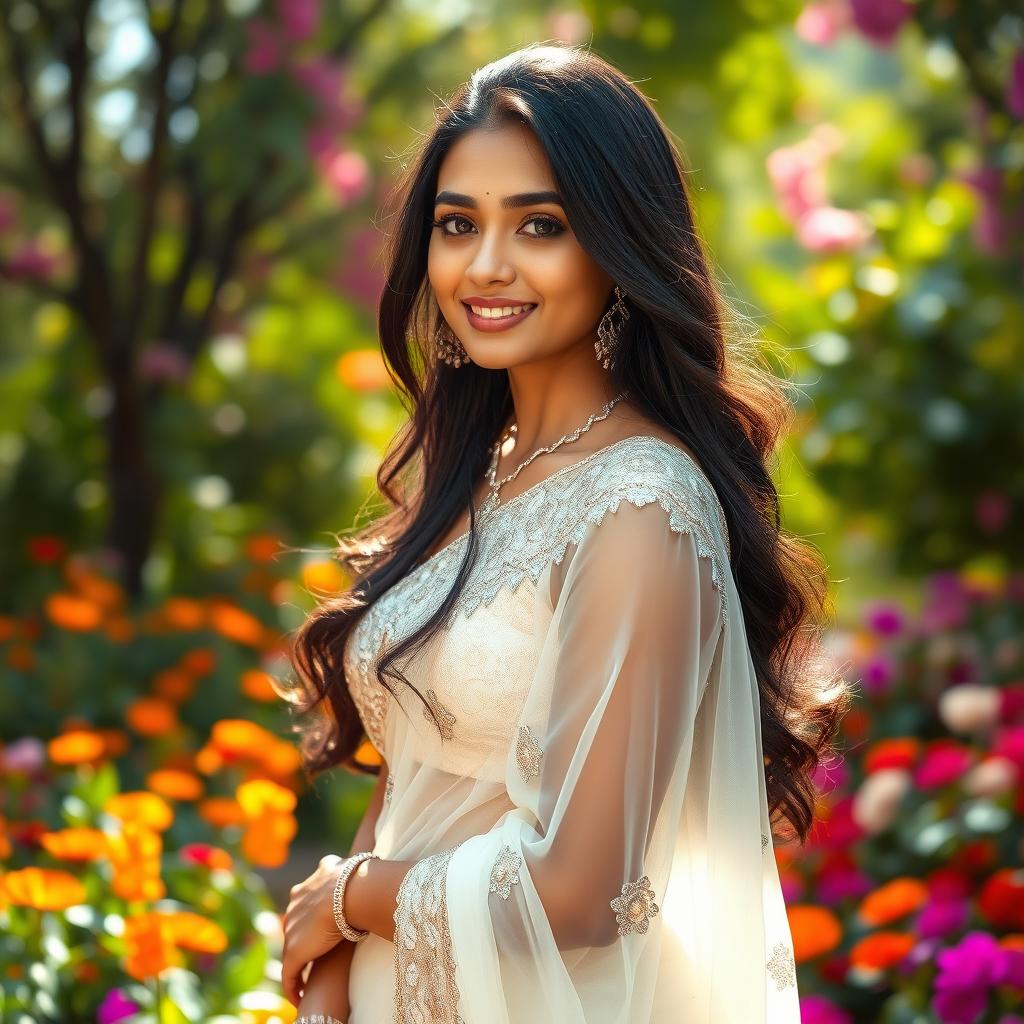 A beautiful Indian actress in her 20s wearing an elegant, transparent white saree that delicately drapes over her body