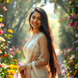 A beautiful Indian actress in her 20s wearing an elegant, transparent white saree that delicately drapes over her body