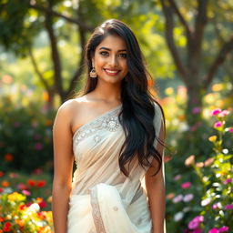 A beautiful Indian actress in her 20s wearing an elegant, transparent white saree that delicately drapes over her body