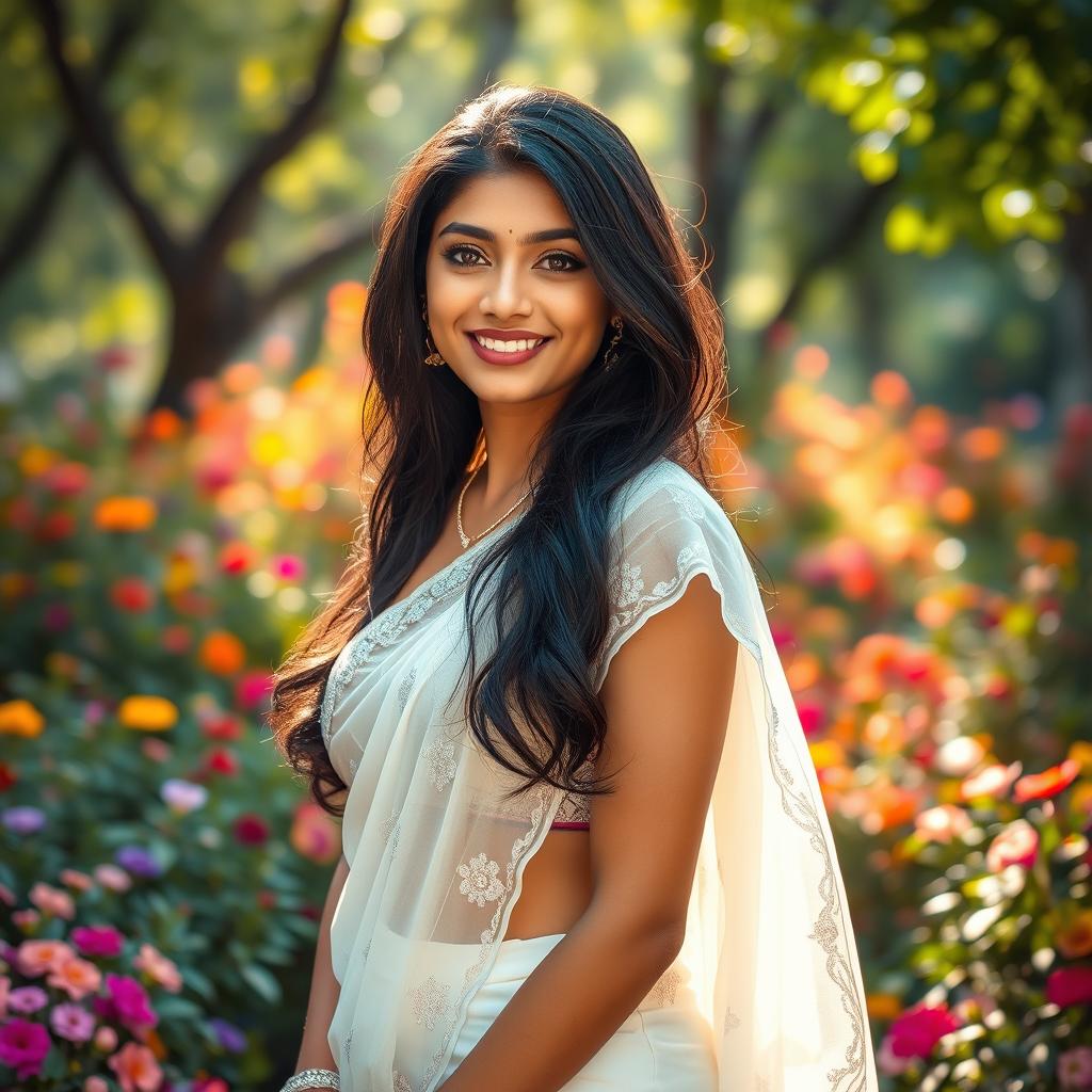 A beautiful Indian actress in her 20s wearing an elegant, transparent white saree that delicately drapes over her body