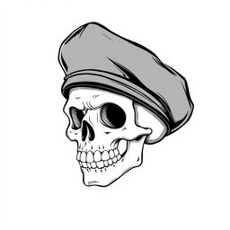 A realistic yet whimsical black and white sketch of a cartoon skull wearing a fully black army beret