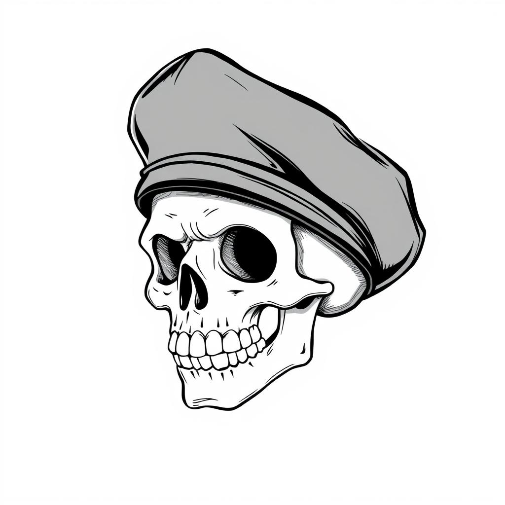 A realistic yet whimsical black and white sketch of a cartoon skull wearing a fully black army beret