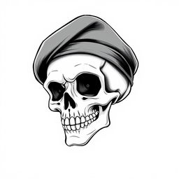 A realistic yet whimsical black and white sketch of a cartoon skull wearing a fully black army beret