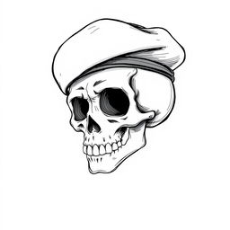 A realistic yet whimsical black and white sketch of a cartoon skull wearing a fully black army beret