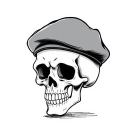 A realistic yet whimsical black and white sketch of a cartoon skull wearing a fully black army beret