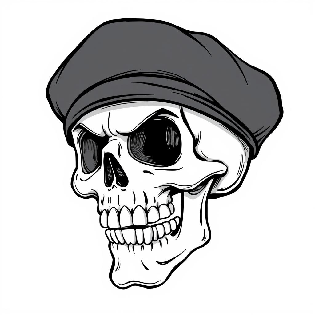 A realistic cartoon skull wearing a black army beret, presented in a black and white sketch style