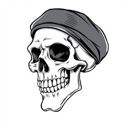 A realistic cartoon skull wearing a black army beret, presented in a black and white sketch style