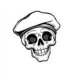 A realistic cartoon skull wearing a black army beret, presented in a black and white sketch style