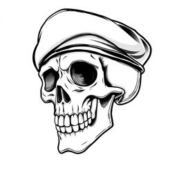 A realistic cartoon skull wearing a black army beret, presented in a black and white sketch style