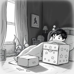 A charming black and white drawing of a dimly lit child's room