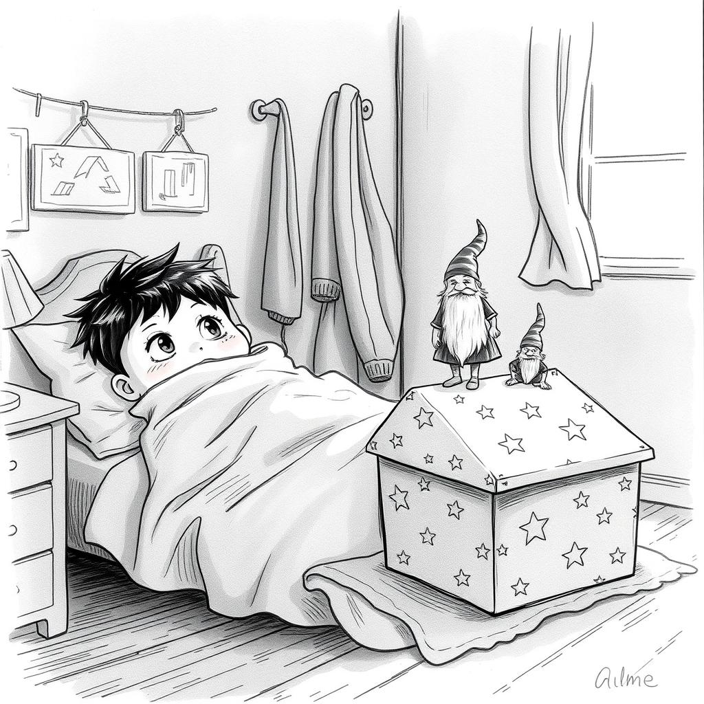 A charming black and white drawing of a dimly lit child's room