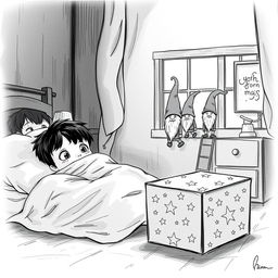 A charming black and white drawing of a dimly lit child's room