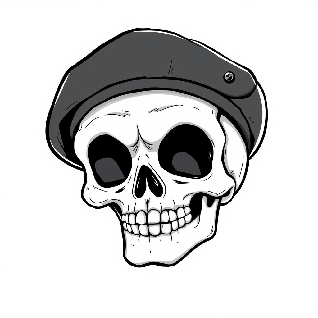 A realistic cartoon skull wearing a black army beret, illustrated in a black and white sketch style