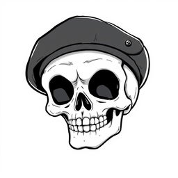 A realistic cartoon skull wearing a black army beret, illustrated in a black and white sketch style