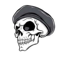 A realistic cartoon skull wearing a black army beret, illustrated in a black and white sketch style