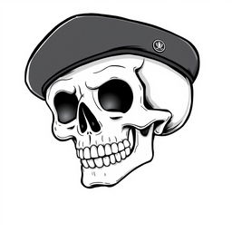 A realistic cartoon skull wearing a black army beret, illustrated in a black and white sketch style