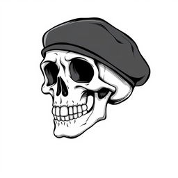 A realistic cartoon skull wearing a black army beret, illustrated in a black and white sketch style