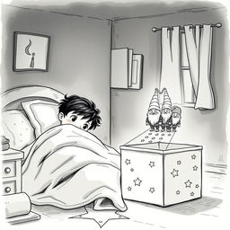 A whimsical black and white drawing of a dimly lit child's room