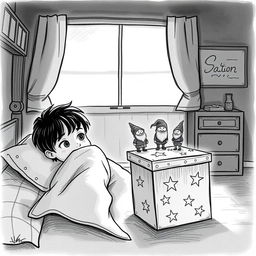 A whimsical black and white drawing of a dimly lit child's room