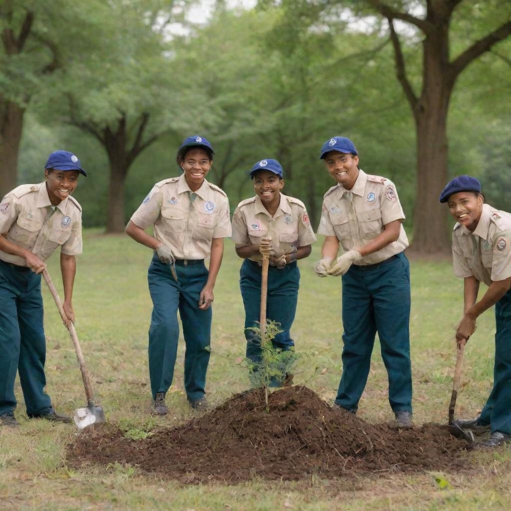 A group of diverse scouts in uniform, planting trees and cleaning up a park, symbolizing their contribution to a better world.