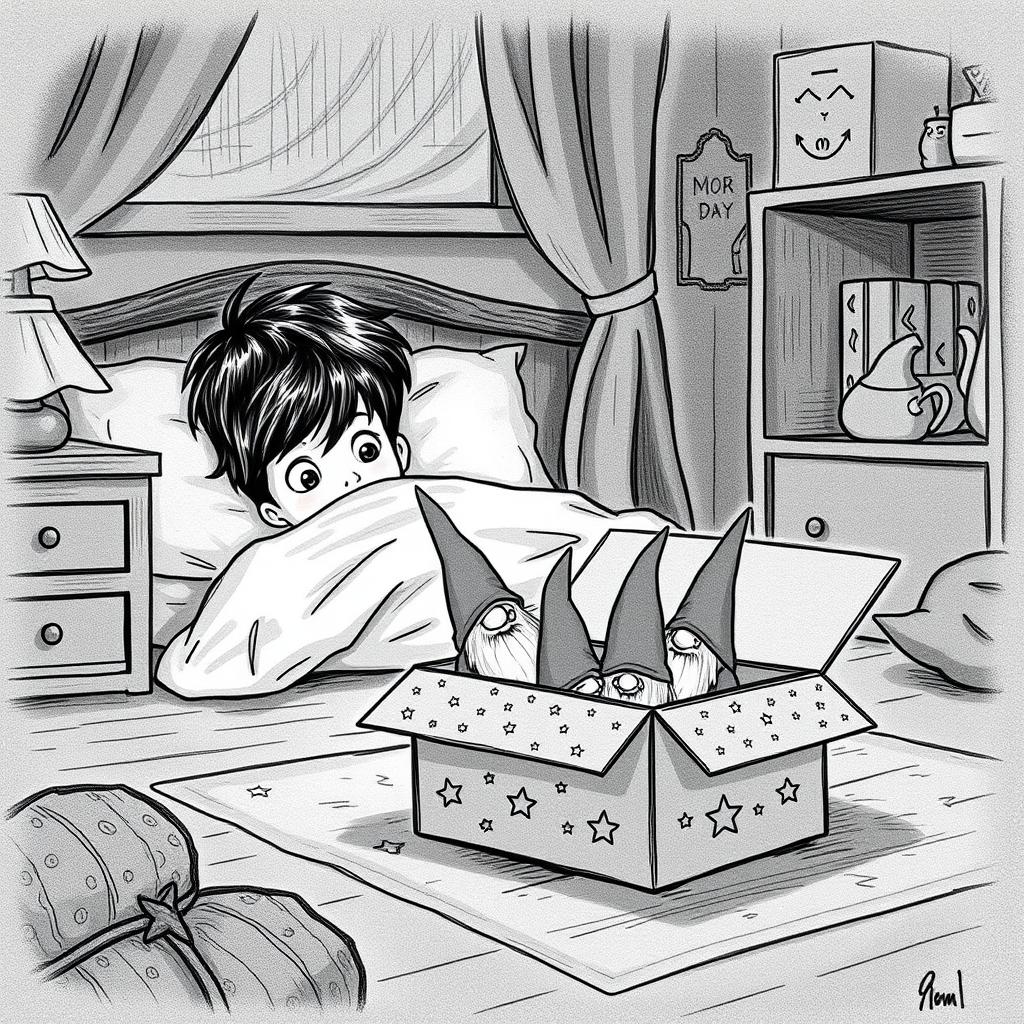 A delightful black and white drawing of a cozy, dimly lit child's room