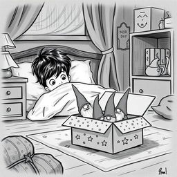 A delightful black and white drawing of a cozy, dimly lit child's room