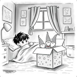 A delightful black and white drawing of a cozy, dimly lit child's room