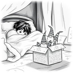 A delightful black and white drawing of a cozy, dimly lit child's room