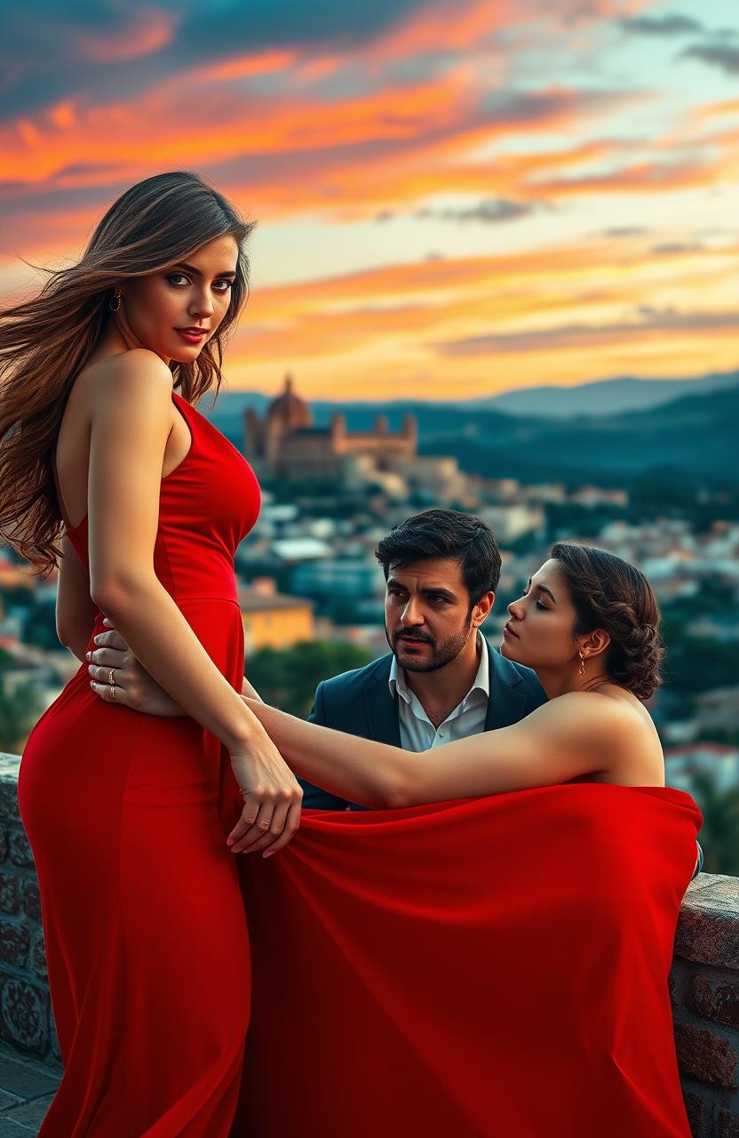 A passionate scene set in Spain featuring a beautiful woman in a stunning red dress