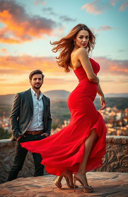 A passionate scene set in Spain featuring a beautiful woman in a stunning red dress