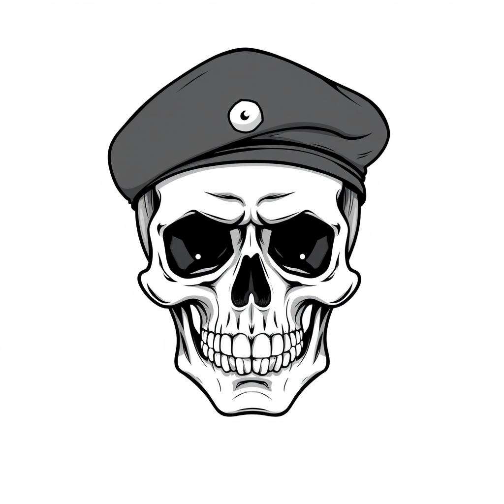 A front-facing, realistic cartoonish skull wearing a black army beret, illustrated in a detailed black and white sketch style