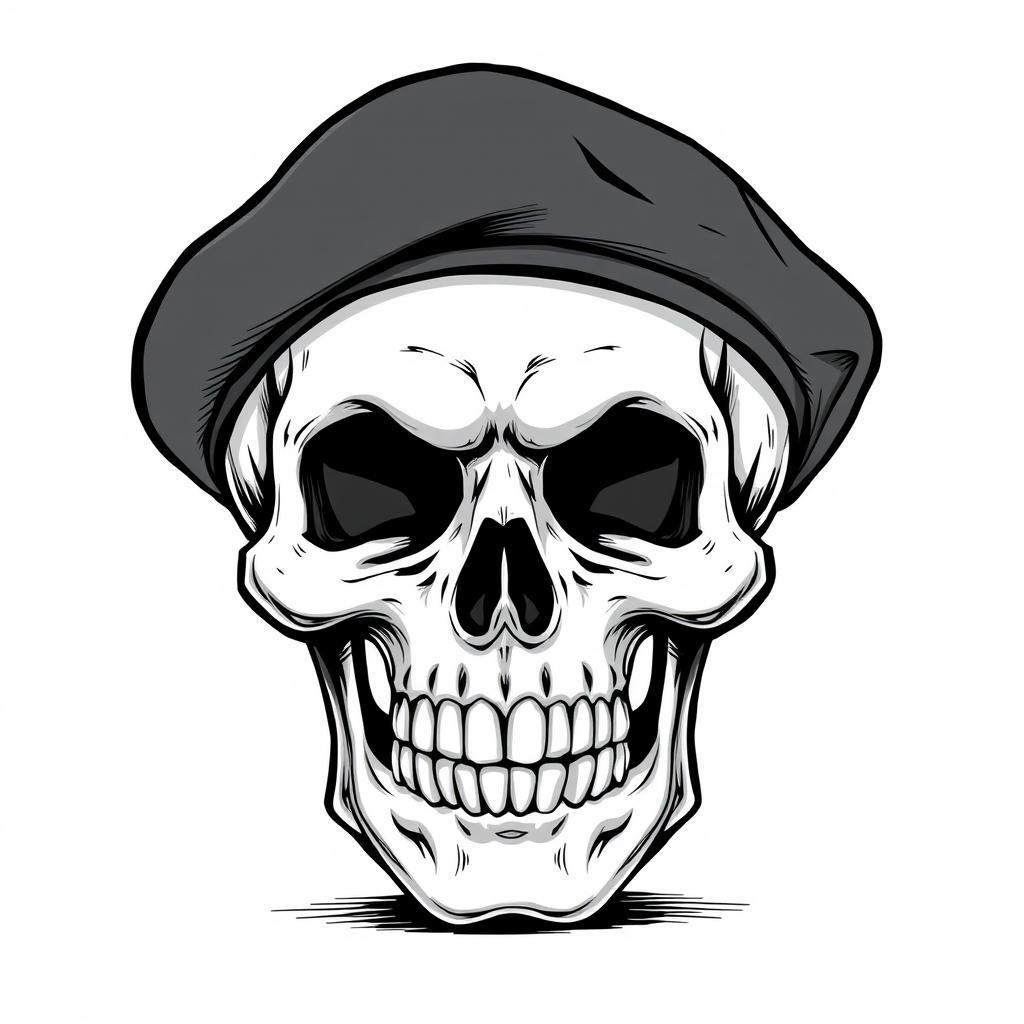 A front-facing, realistic cartoonish skull wearing a black army beret, illustrated in a detailed black and white sketch style