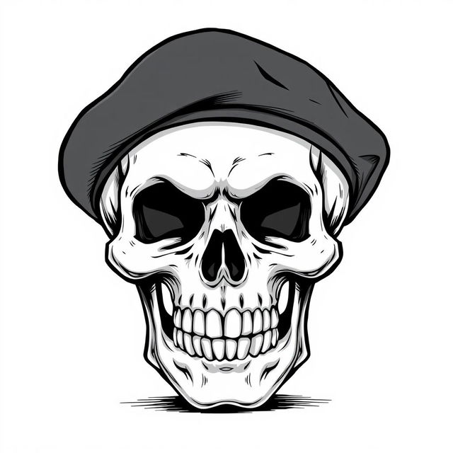 A front-facing, realistic cartoonish skull wearing a black army beret, illustrated in a detailed black and white sketch style