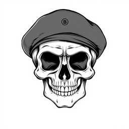 A front-facing, realistic cartoonish skull wearing a black army beret, illustrated in a detailed black and white sketch style