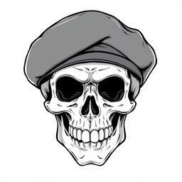 A front-facing, realistic cartoonish skull wearing a black army beret, illustrated in a detailed black and white sketch style