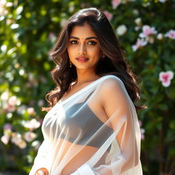 A beautiful young Indian woman, inspired by actress Trisha Krishnan, elegantly draped in a see-through white saree that gracefully showcases her silhouette