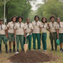 A group of diverse scouts in uniform, planting trees and cleaning up a park, symbolizing their contribution to a better world.