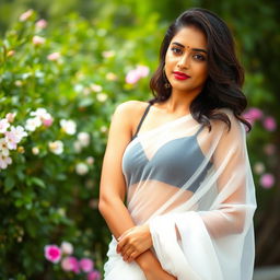 A beautiful young Indian woman, inspired by actress Trisha Krishnan, elegantly draped in a see-through white saree that gracefully showcases her silhouette