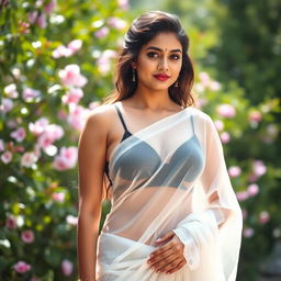 A beautiful young Indian woman, inspired by actress Trisha Krishnan, elegantly draped in a see-through white saree that gracefully showcases her silhouette