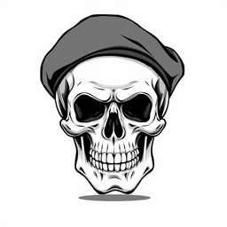 A front-facing, realistic cartoonish skull wearing a black army beret, illustrated in a striking black and white sketch style