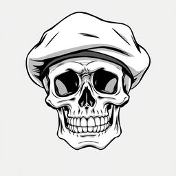 A front-facing, realistic cartoonish skull wearing a black army beret, illustrated in a striking black and white sketch style