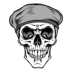 A front-facing, realistic cartoonish skull wearing a black army beret, illustrated in a striking black and white sketch style