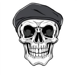 A front-facing, realistic cartoonish skull wearing a black army beret, illustrated in a striking black and white sketch style